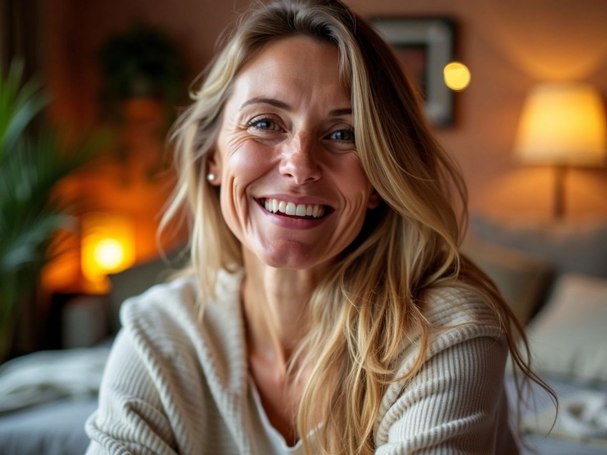 Jiřina Bohdalová se usmívá v útulném prostředí.