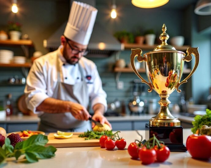 Šampion s trofejí v kuchyni, barevné ingredience kolem.