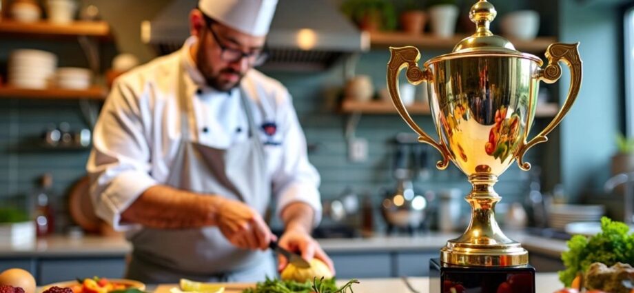 Šampion s trofejí v kuchyni, barevné ingredience kolem.