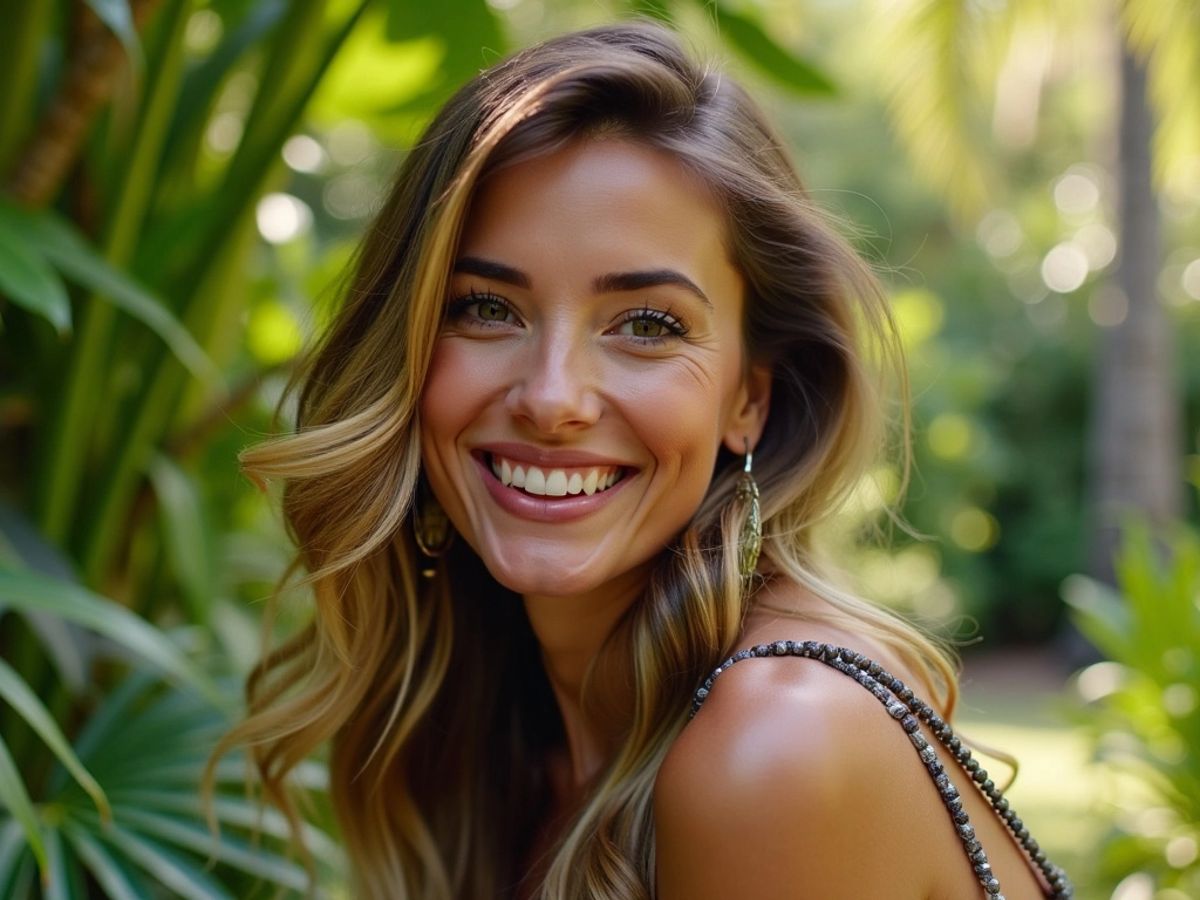 Georgia Harrison se usmívá v přírodním prostředí.