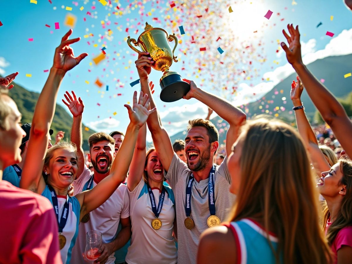 Vítězové s trofejemi obklopeni barevným konfety.