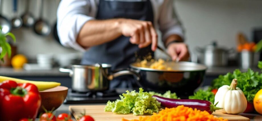 Kuchař v akci s barevnými ingrediencemi na stole.