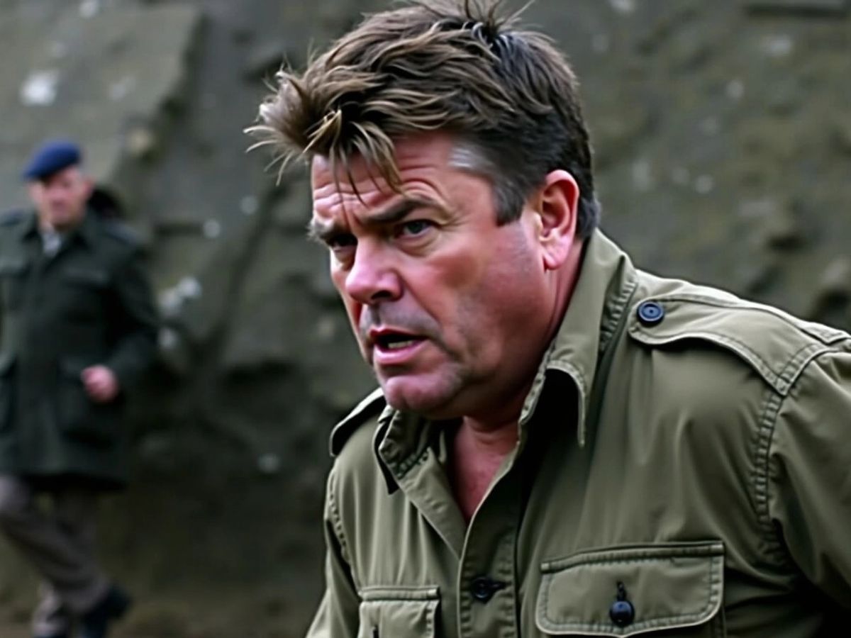 John Barrowman v armádním oblečení, zamyšlený výraz.