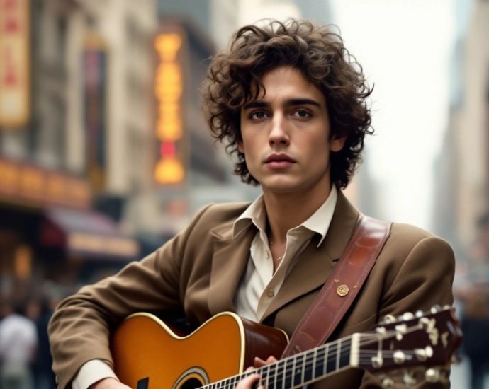 Timothée Chalamet jako Bob Dylan s kytarou.