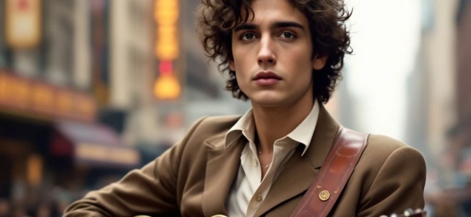 Timothée Chalamet jako Bob Dylan s kytarou.