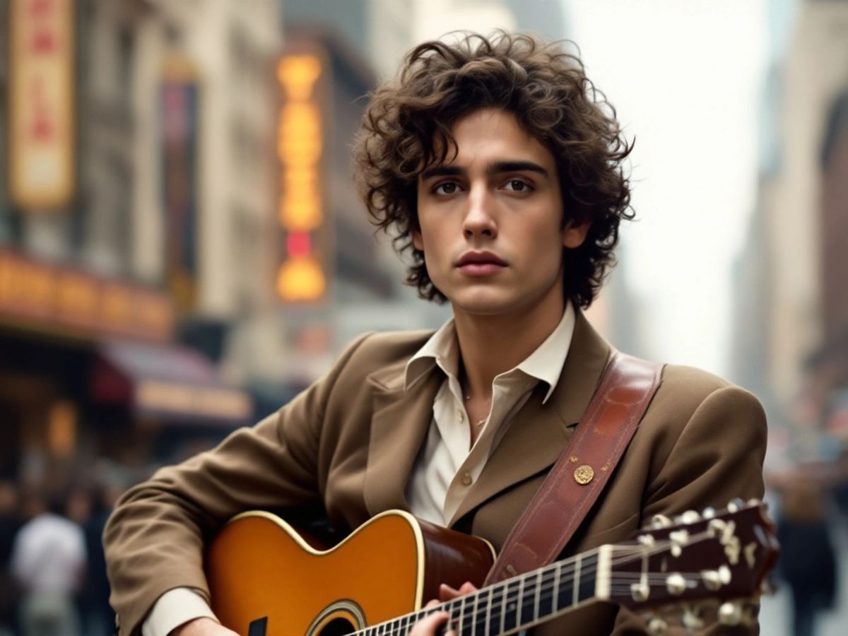 Timothée Chalamet jako Bob Dylan s kytarou.