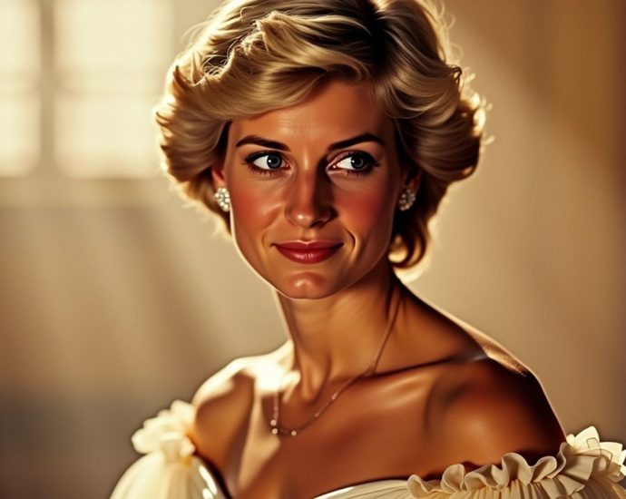 Lady Diana v elegantním šatu s laskavým výrazem.