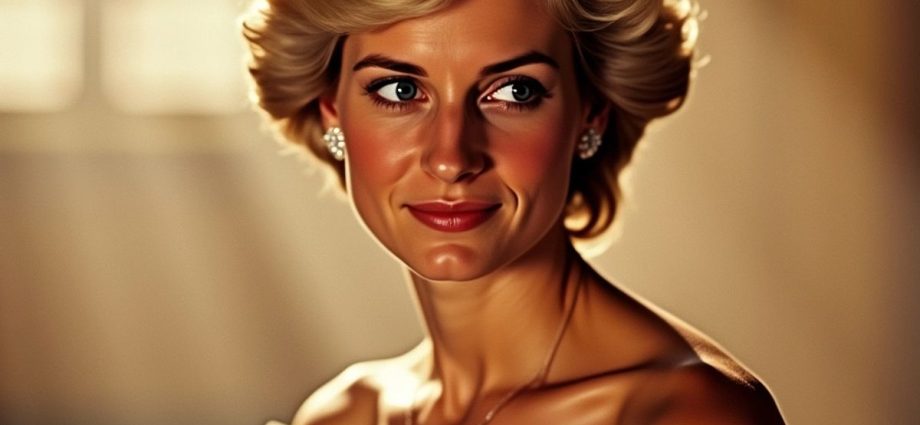 Lady Diana v elegantním šatu s laskavým výrazem.